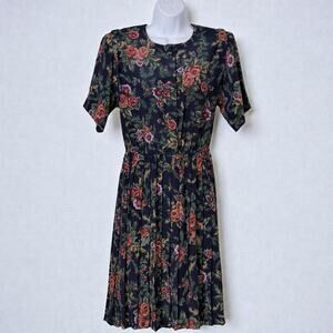 Vintage 90s Leslie Fay Floral Prairie Dress Navy Pleated Tea Secretary 10 Petite